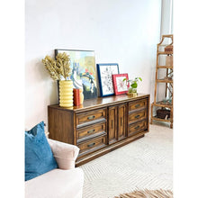 Load image into Gallery viewer, Vintage MCM 9 Drawer Lowboy Dresser Brown with Metal Pulls Coastal Mid Century