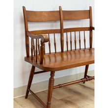 Load image into Gallery viewer, Vintage Maple Spindle Two-Seat Bench Double Crest Turned Legs Farmhouse