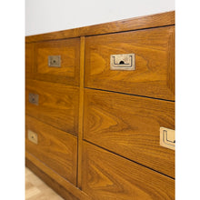 Load image into Gallery viewer, Vintage MCM Dixie Act 2 Campaign Style Dresser Brass Pulls Warm Wood Tone Lowboy