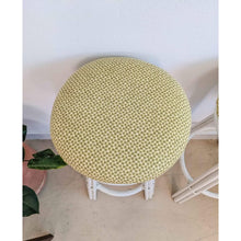 Load image into Gallery viewer, Pair of Vintage Creme Rattan Barstools Retro Upholstered Green Top Swivel Seats
