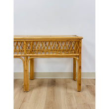 Load image into Gallery viewer, Vintage Coastal Wicker Rattan Console Table Woven Lattice Glass Top Beige Boho