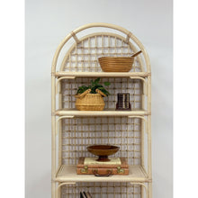 Load image into Gallery viewer, Vintage Arched Blonde Rattan Lattice Etagere Coastal Boho Hollywood Regency