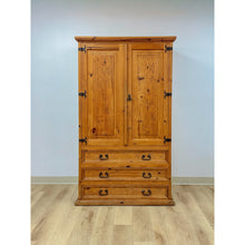 Load image into Gallery viewer, Vintage Armoire Knotty Pine Mexican Iron Hardware Coat Rack Three Drawer