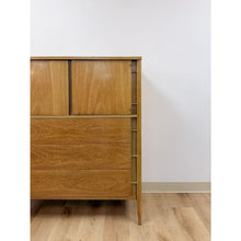 Load image into Gallery viewer, Mid Century Tallboy Dresser MCM Five Drawer Brass Accent Warm Gray Tone Wood