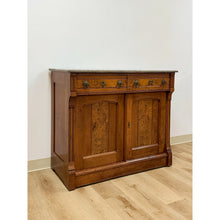 Load image into Gallery viewer, Antique French Provincial Marble Burlwood Buffet 2 Drawer Locking Cabinet
