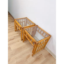 Load image into Gallery viewer, Vintage Rattan End Table Pair Arched Inlay Glass Top Coastal Boho MCM
