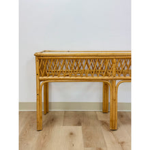 Load image into Gallery viewer, Vintage Coastal Wicker Rattan Console Table Woven Lattice Glass Top Beige Boho