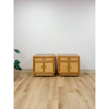 Load image into Gallery viewer, Coastal Bamboo Parquet Nightstand Pair Glass Top Hollywood Regency MCM