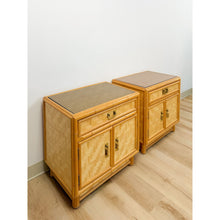 Load image into Gallery viewer, Coastal Bamboo Parquet Nightstand Pair Glass Top Hollywood Regency MCM