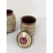Load image into Gallery viewer, Studio Pottery Speckled Brown Jar Pair Red Detail Lids Vintage MCM