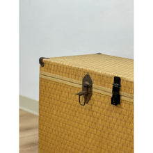 Load image into Gallery viewer, Vintage Blonde Woven Wicker Chest, Brass Clamp Hardware Storage, Coastal Trunk