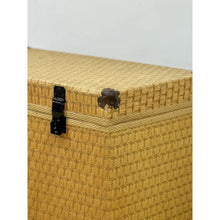 Load image into Gallery viewer, Vintage Blonde Woven Wicker Chest, Brass Clamp Hardware Storage, Coastal Trunk