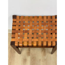 Load image into Gallery viewer, Vintage Bench Woven Leather Wood Two Seater Rustic MCM Entryway Accent Seat