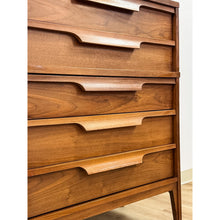 Load image into Gallery viewer, Vintage MCM Walnut Five Drawer Dresser Tallboy Sculpted Pulls, Dovetail Joinery