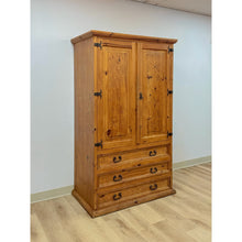 Load image into Gallery viewer, Vintage Armoire Knotty Pine Mexican Iron Hardware Coat Rack Three Drawer