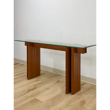 Load image into Gallery viewer, Vintage MCM Danish Teak Puzzle Console Table Glass Top Mid Century Entry Table