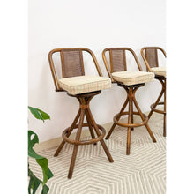 Load image into Gallery viewer, 3 Vintage Coastal Bamboo Barstools Dark Rattan w/ Beige Cushions and Caned Back
