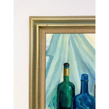 Load image into Gallery viewer, Vintage Original Oil Painting Still Life Bottles Jugs, Framed Art, Canvas, Blue