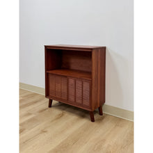 Load image into Gallery viewer, Vintage Handmade MCM Style End Table, Red Stained Wood Sliding Doors, Book Case