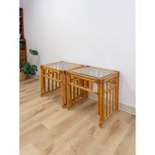 Load image into Gallery viewer, Vintage Rattan End Table Pair Arched Inlay Glass Top Coastal Boho MCM