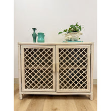 Load image into Gallery viewer, Vintage Cream Rattan Lattice Cabinet Coastal Tropical Hollywood Regency
