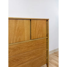 Load image into Gallery viewer, Mid Century Tallboy Dresser MCM Five Drawer Brass Accent Warm Gray Tone Wood