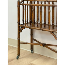 Load image into Gallery viewer, Vintage Magazine Rack English Canterbury Dark Faux Bamboo Wheels Rare Find