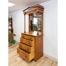 Load image into Gallery viewer, Vintage Faux Burlwood Traditional Entry Console Mirror 4-Drawer Brass Cabinet