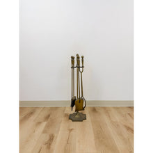 Load image into Gallery viewer, Vintage Brass Fireplace Tool Set 4 Piece Stand Broom Poker Tong Rustic Farmhouse