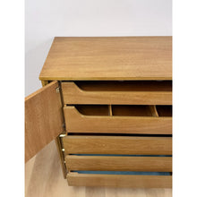 Load image into Gallery viewer, Mid Century Tallboy Dresser MCM Five Drawer Brass Accent Warm Gray Tone Wood