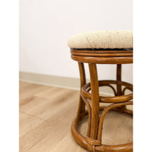Load image into Gallery viewer, Vintage Rattan Swivel Stool Beige Upholstered Coastal Boho Ottoman