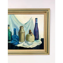 Load image into Gallery viewer, Vintage Original Oil Painting Still Life Bottles Jugs, Framed Art, Canvas, Blue