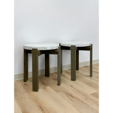 Load image into Gallery viewer, Vintage Round End Tables Beige Marble Top Gray Metal Base Pair Modern Accent