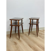 Load image into Gallery viewer, Vintage End Tables MCM Atomic Two-Tier Wood Laminate Pair Retro Accent