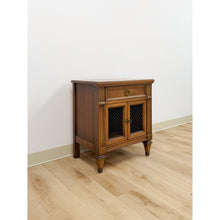 Load image into Gallery viewer, MCM Transitional Nightstand with Iron Grate Doors Single Drawer Vintage Ornate