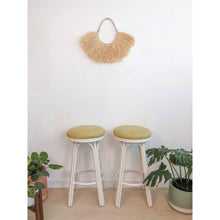 Load image into Gallery viewer, Pair of Vintage Creme Rattan Barstools Retro Upholstered Green Top Swivel Seats