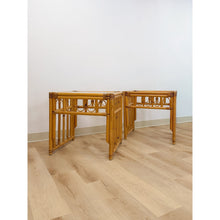 Load image into Gallery viewer, Vintage Rattan End Table Pair Arched Inlay Glass Top Coastal Boho MCM