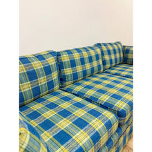 Load image into Gallery viewer, Vintage MCM Retro Plaid Sofa in Electric Blue and Green with Nailhead Trim