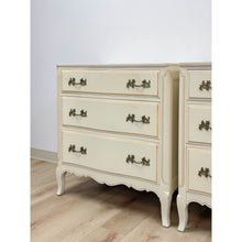 Load image into Gallery viewer, Vintage Pair of Chests French Provincial White 3 Drawer Cabriole Leg Nightstands