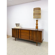 Load image into Gallery viewer, Rare United Furniture MCM Long Dresser Intricate Wood Pulls Vintage Lowboy