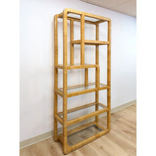 Load image into Gallery viewer, Coastal Etagere Rattan Wrapped Milo Baughman Style Five Tier Glass Shelf MCM