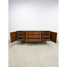 Load image into Gallery viewer, Rare United Furniture MCM Long Dresser Intricate Wood Pulls Vintage Lowboy