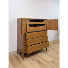 Load image into Gallery viewer, Mid Century Tallboy Dresser MCM Five Drawer Brass Accent Warm Gray Tone Wood