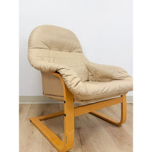Load image into Gallery viewer, Danish Made Tan Leather Cantilever Armchair Vintage MCM Natural Wood Accent