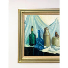 Load image into Gallery viewer, Vintage Original Oil Painting Still Life Bottles Jugs, Framed Art, Canvas, Blue