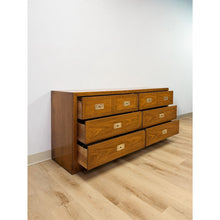 Load image into Gallery viewer, Vintage MCM Dixie Act 2 Campaign Style Dresser Brass Pulls Warm Wood Tone Lowboy