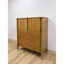 Load image into Gallery viewer, Mid Century Tallboy Dresser MCM Five Drawer Brass Accent Warm Gray Tone Wood