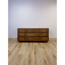 Load image into Gallery viewer, Vintage MCM Nine Drawer Dresser with Bowtie Inlay Retro Walnut Bedroom Storage