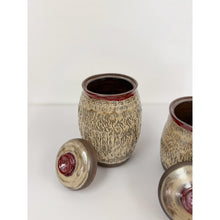 Load image into Gallery viewer, Studio Pottery Speckled Brown Jar Pair Red Detail Lids Vintage MCM