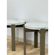 Load image into Gallery viewer, Vintage Round End Tables Beige Marble Top Gray Metal Base Pair Modern Accent